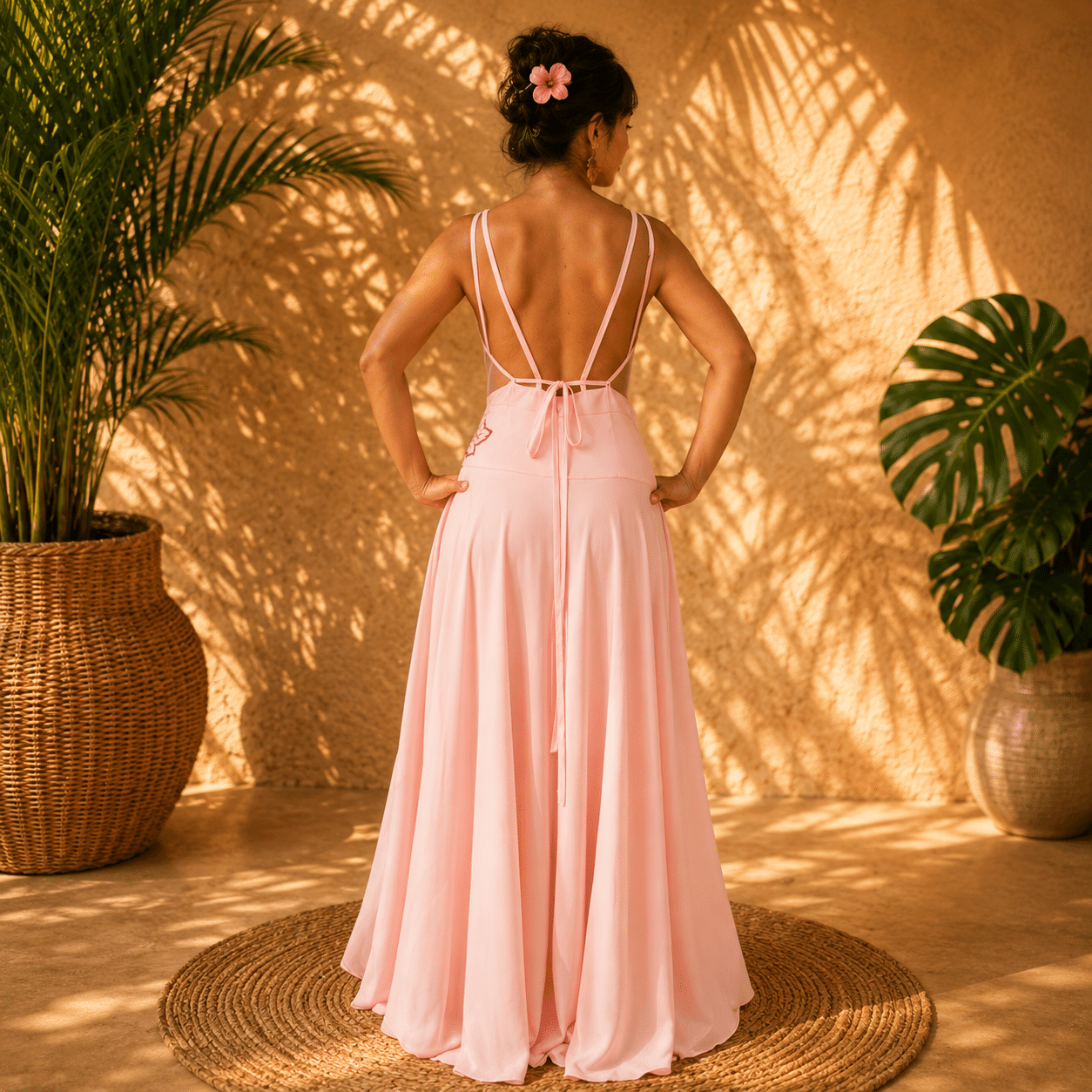 Robe dos nu rose pâle applications hibiscus – Image 4